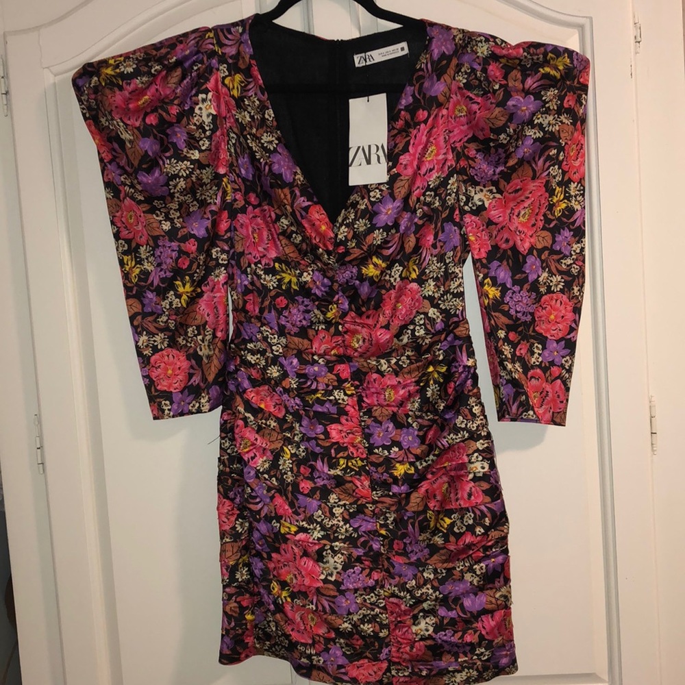 Zara satin floral print 3/4 sleeve dress